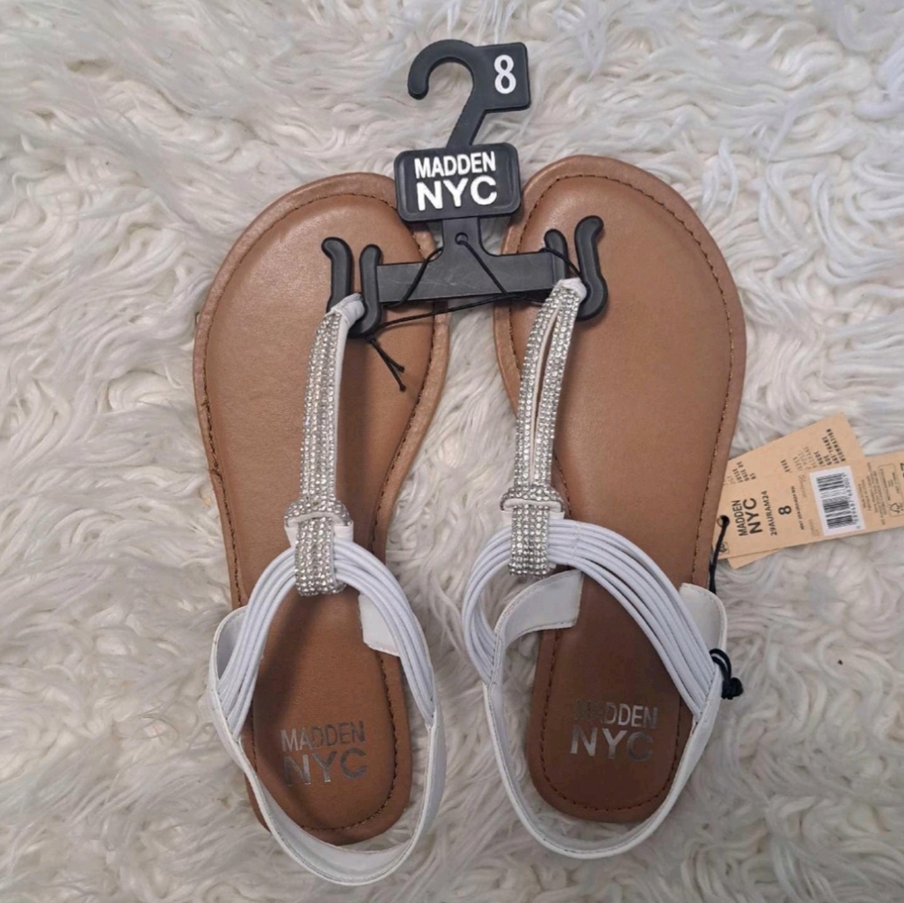 Brand New Madden NYC White Sandals with Silver Rhinestones Accent